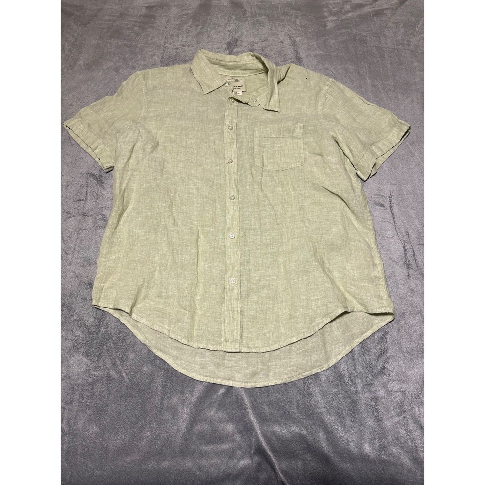 Thom Aaron Mens Size XL Green Short Sleeve Button Front 100% Linen Shirt